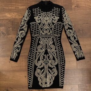 Banjul Black Bodycon Gold Studded Dress Edgy Sexy Glam Mock Neck NEW Women’s S
